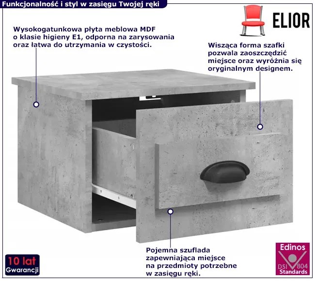 Wisząca szafka nocna z szufladą szary beton T3-D11