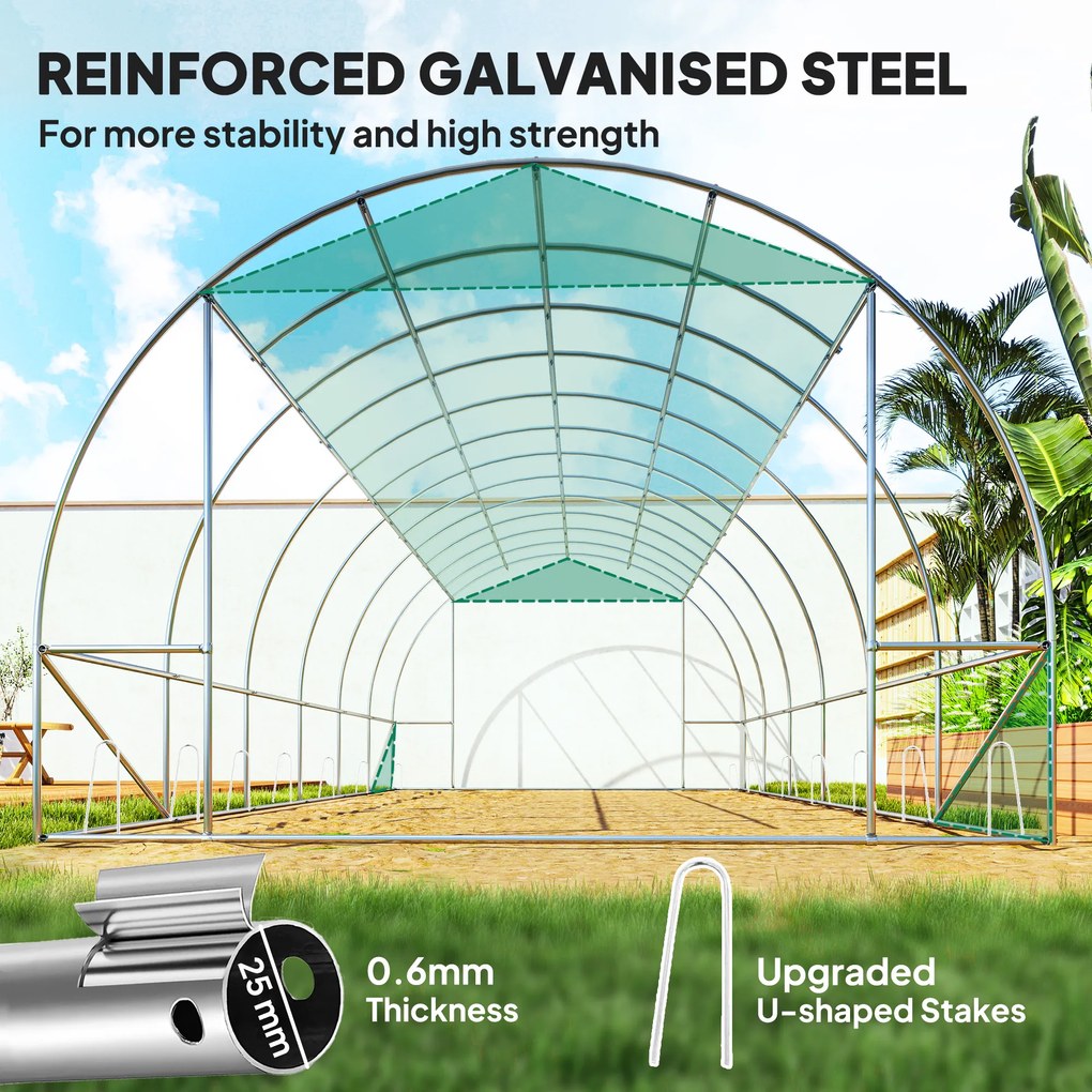 Outsunny Szklarnia typu Polytunnel z osłoną plastikową i stalową ramą, z rolowanymi drzwiami, Zielona