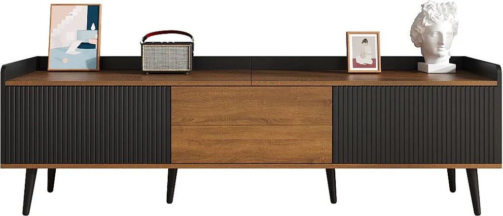 Nowoczesna szafka RTV - 160 x 39 x 49,5 cm - z 3 drzwiami - MDF + płyta wiórowa - kolor naturalny + czarny