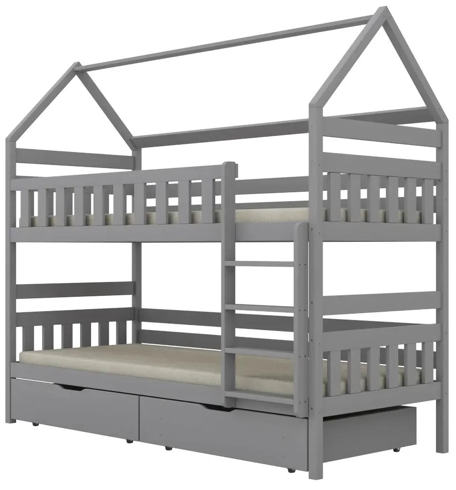 Łóżko piętrowe domek FELIKS 200x80 szare drewniane z szufladami KOCOT KIDS