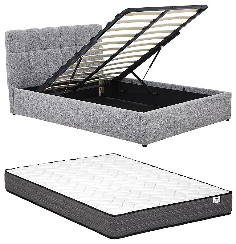 Łóżko ze skrzynią  160 x 200 cm - Tkanina z bukli  - Szary + Materac - MAZIRI