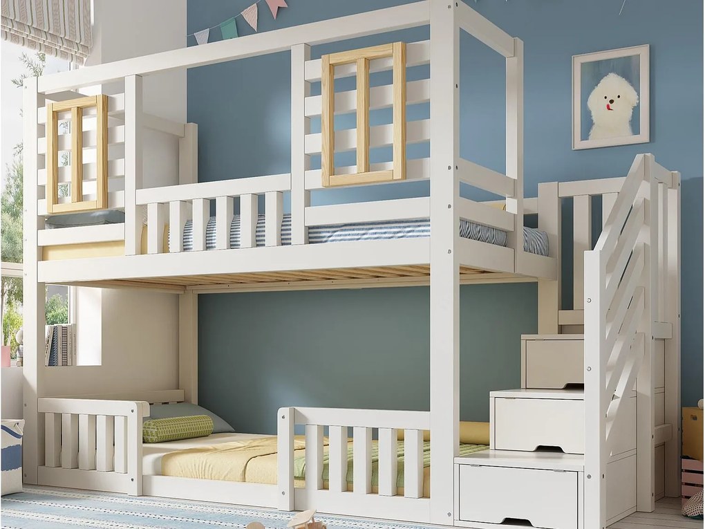 Łóżko piętrowe 90x200 cm - z drewnianymi oknami - z drabiną z pojemnikami - Biały + Naturalny​ (bez materaca)