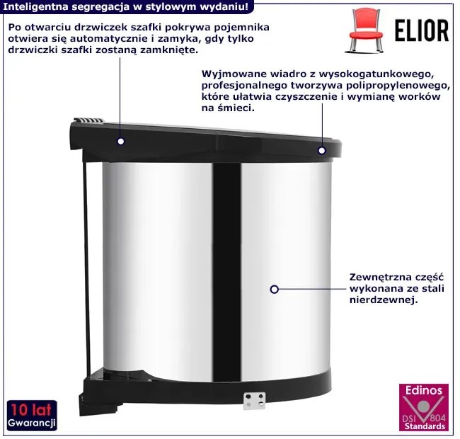 Czarno-srebrny kosz na śmieci do zabudowy 12L T7-H17