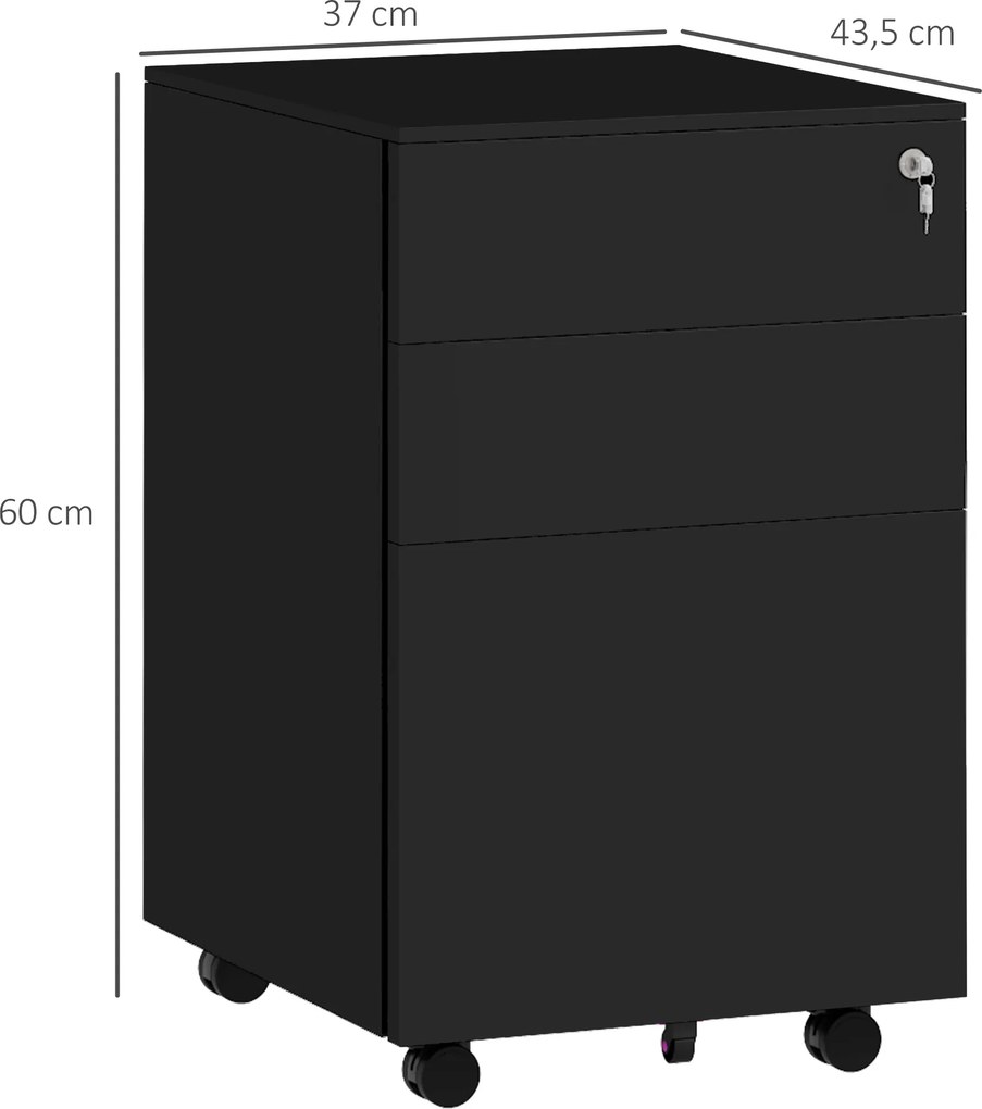 Vinsetto Kontener na dokumenty, 3 szuflady, zamykany, na kółkach, 37 cm x 43,5 cm x 60 cm, Czarny | Aosom PL