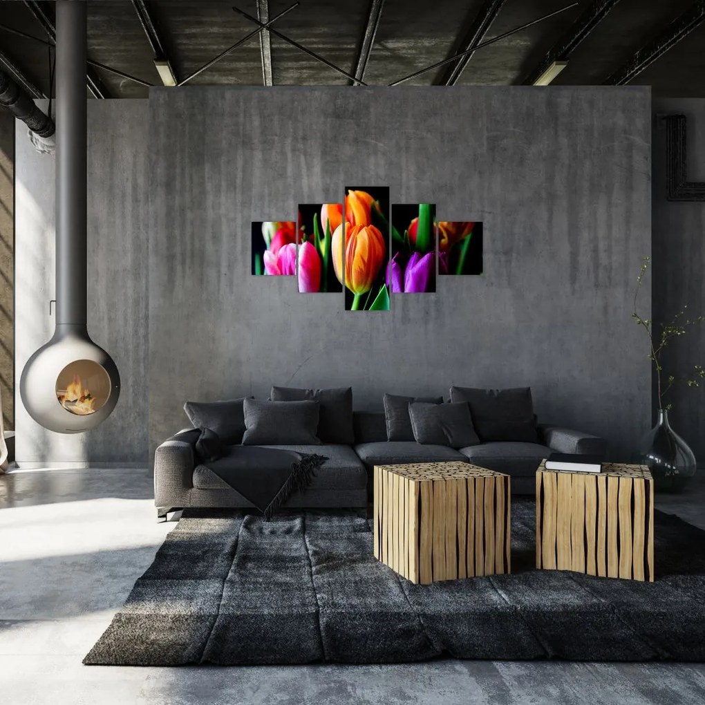 Obraz tulipanów na czarnym tle (125x70 cm)