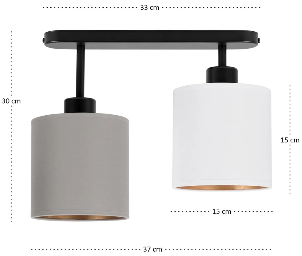 Lampa sufitowa czarna dwupunktowy spot z szaro-białymi abażurami C-330