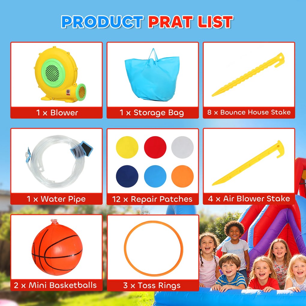 AIYAPLAY Dmuchany zamek 8-w-1 z dmuchawą, zjeżdżalnią, brodzikiem, trampoliną i ścianką wspinaczkową do użytku wewnątrz i na zewnątrz, 350x325x210 cm, wielokolorowy | Aosom PL