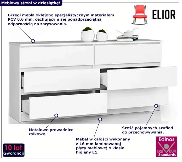 Biała komoda z sześcioma szufladami - Olin 3X