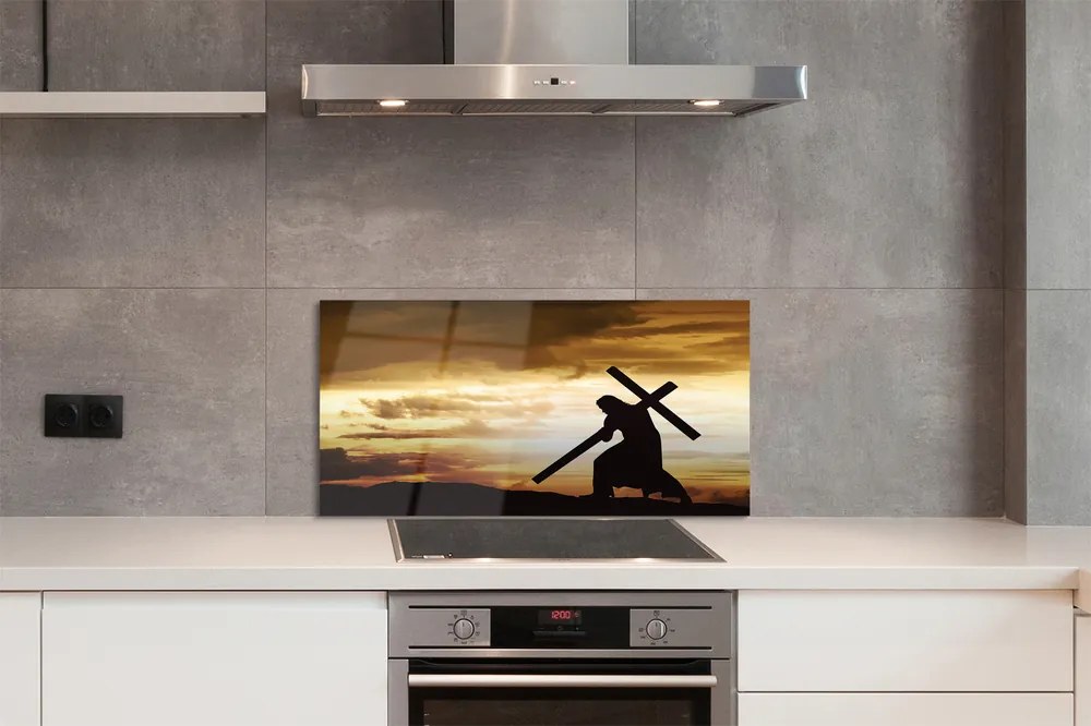 Szkło Ozdobne do Kuchni Jezus na Krzyżu o Zachodzie Słońca