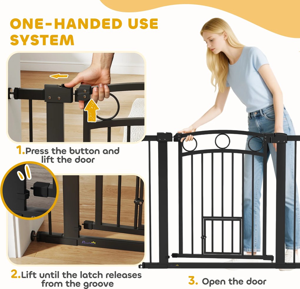 PawHut Bramka dla zwierząt regulowana 76-104 cm z drzwiczkami dla kota do schodów i drzwi czarna | Aosom PL