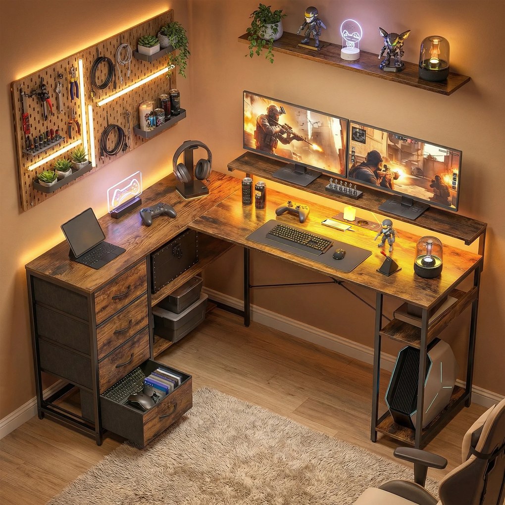 HOMCOM Biurko gamingowe L-kształtne z gniazdkiem, oświetleniem LED, 4 szufladami, podstawką pod monitor 155x110x91,4 cm Brąz | Aosom PL