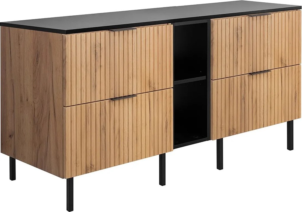 Szafka pod umywalkę, Dąb Craft / Czarny + czarny uchwyt, 140 x 77 x 46 cm, nogi czarne + Blat