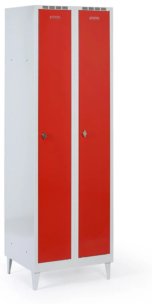 Metalowa szafka ubraniowa na nogach, 2-drzwiowa, 1920 x 600 x 500 mm, zamek obrotowy, drzwi czerwone