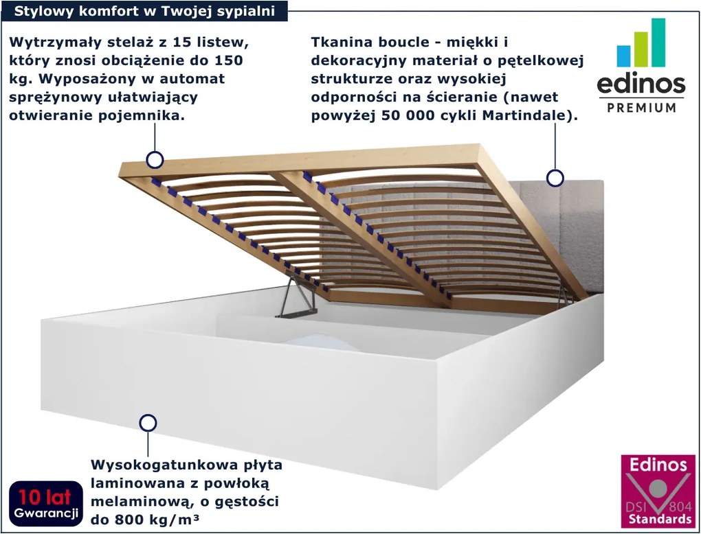 Białe łóżko z beżowym zagłówkiem boucle 90x200 A7-G25
