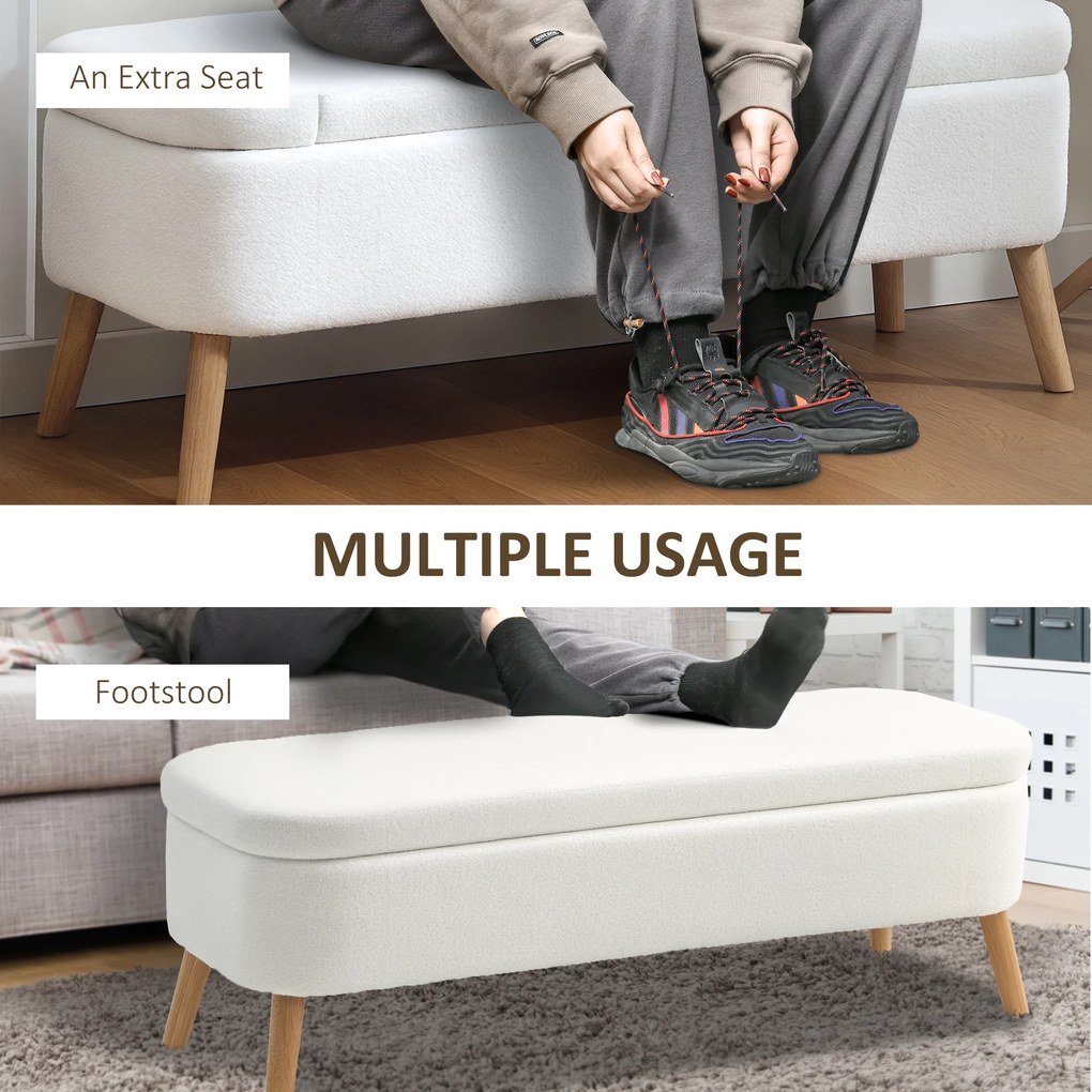 HOMCOM Pufa do przechowywania, siedzisko z 65 L przestrzeni, podnóżek, materiał polarowy, drewno kauczukowe, pianka, 120 x 42 x 45 cm, Kremowy