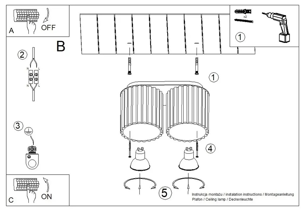 Plafon dwupunktowy AURA 2 czarny GU10 ryflowany SOLLUX LIGHTING