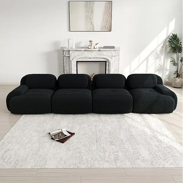 Sofa 4-osobowa Modułowa z Weluru Prążkowanego - z 4 Poduszkami - 388x103x75cm - Czarny