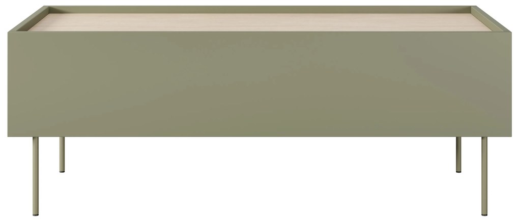 Stolik kawowy Desin 120 cm z szufladami i metalowymi nogami - oliwka / dąb nagano
