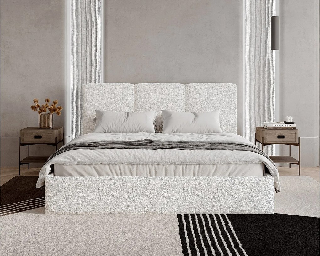 Łóżko tapicerowane 140x200 Mira boucle – łóżko z pojemnikiem na pościel i stelażem drewnianym, nowoczesne łóżko do sypialni, tkanina boucle – Biały