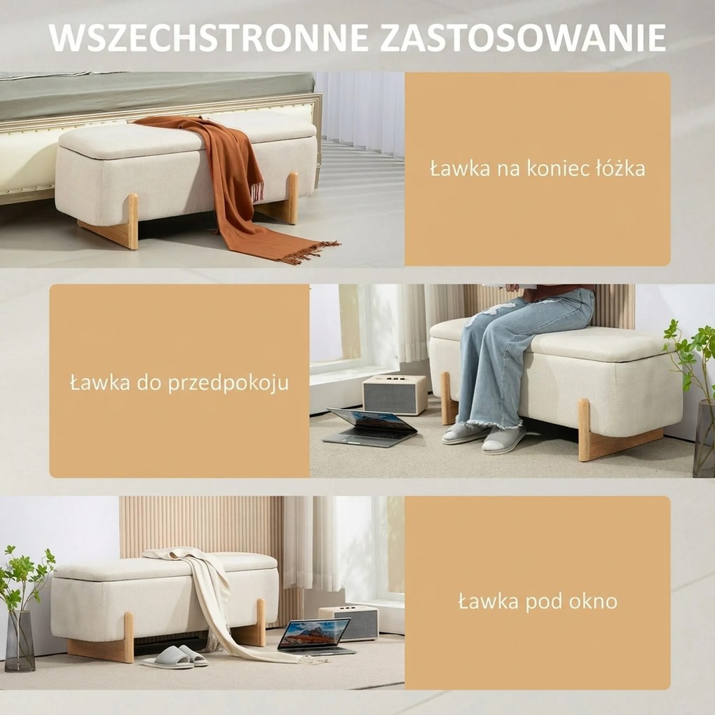 HOMCOM Taboret z Miejscem do Przechowywania, Ławka z Wyściółką z Pianki, Imitacja Lnu, 111 x 44 x 44,5 cm, Kremowy | Aosom PL