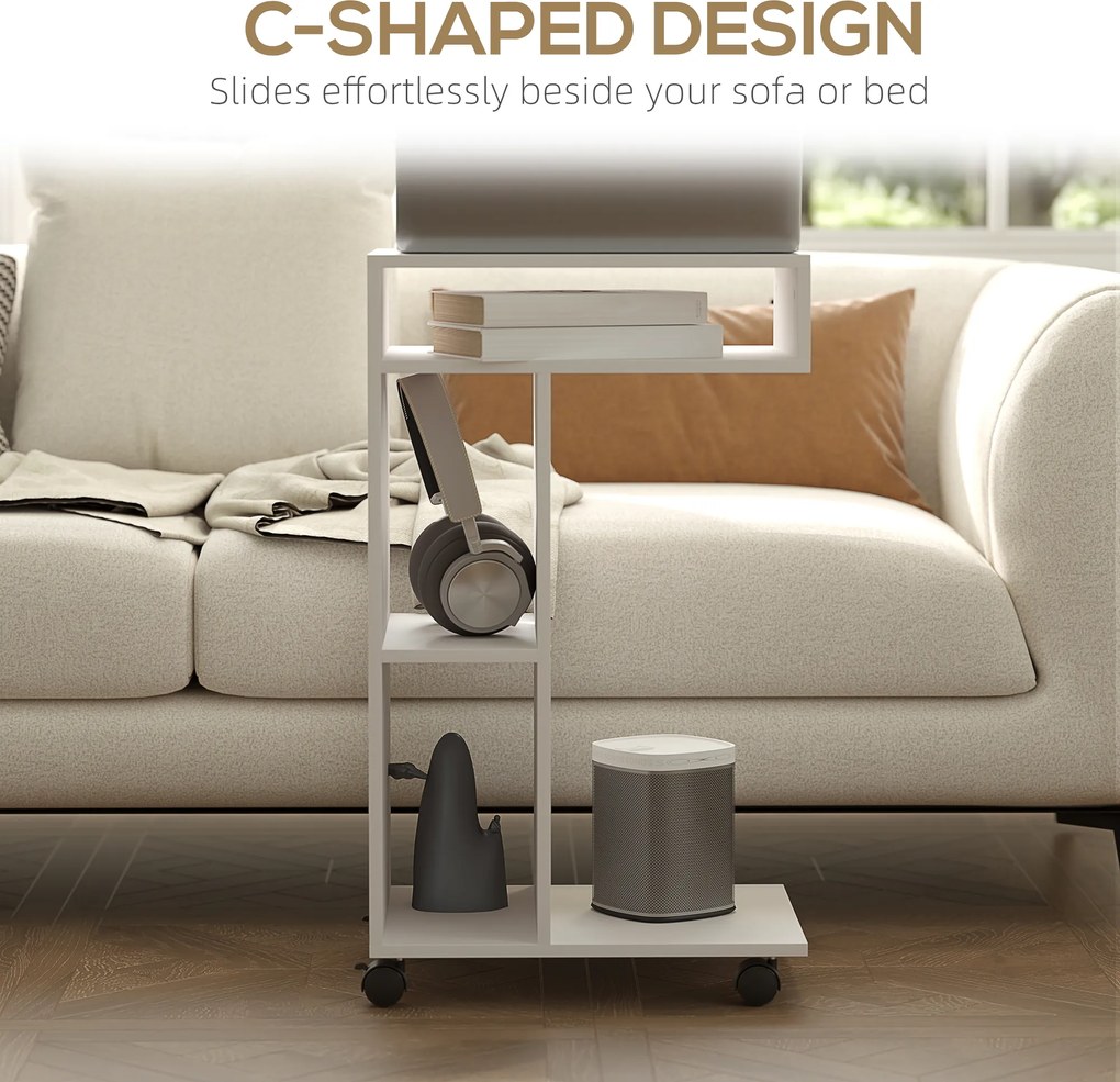 HOMCOM Stolik pomocniczy, wózek serwisowy w kształcie litery C, 4 kółka, 3 komory, 40 x 30 x 69 cm, Biały
