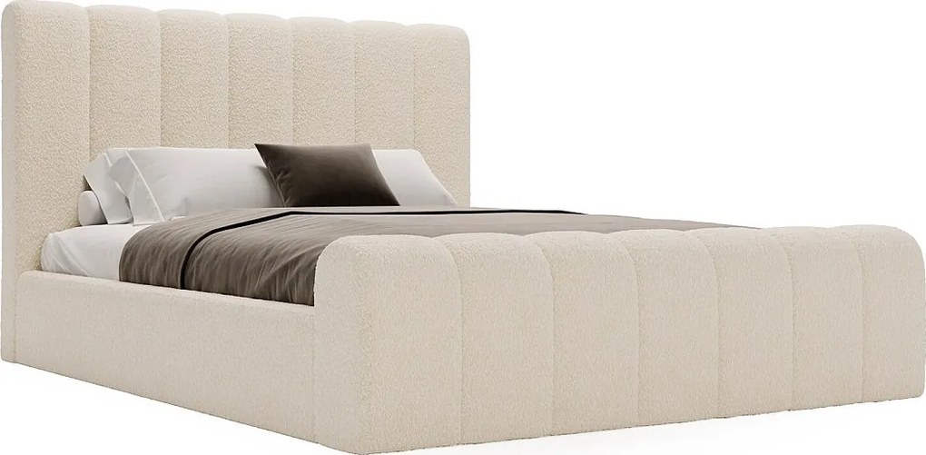 Emporius Valetta łóżko dwuosobowe 200x200 - wyoski przód, pojemnik, tkanina boucle - łóżko sypialniane w nowoczesnym stylu - kremowy (Anthology 1)