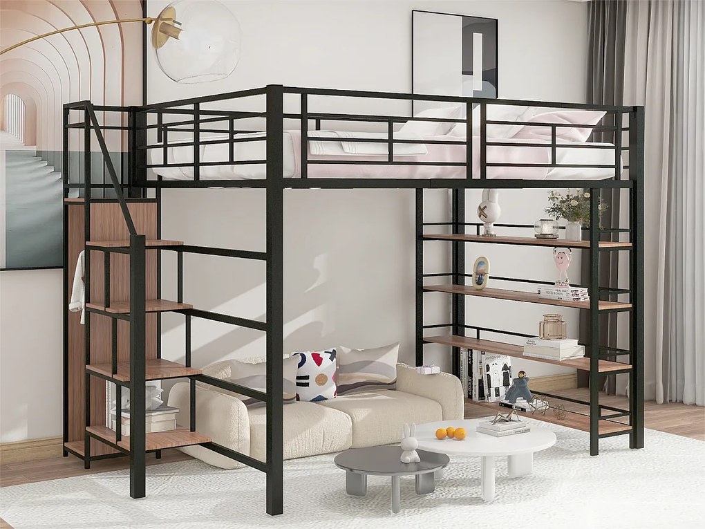 Łóżko mezzanine 140x200 cm - z małą szafą i półkami do przechowywania - Czarny