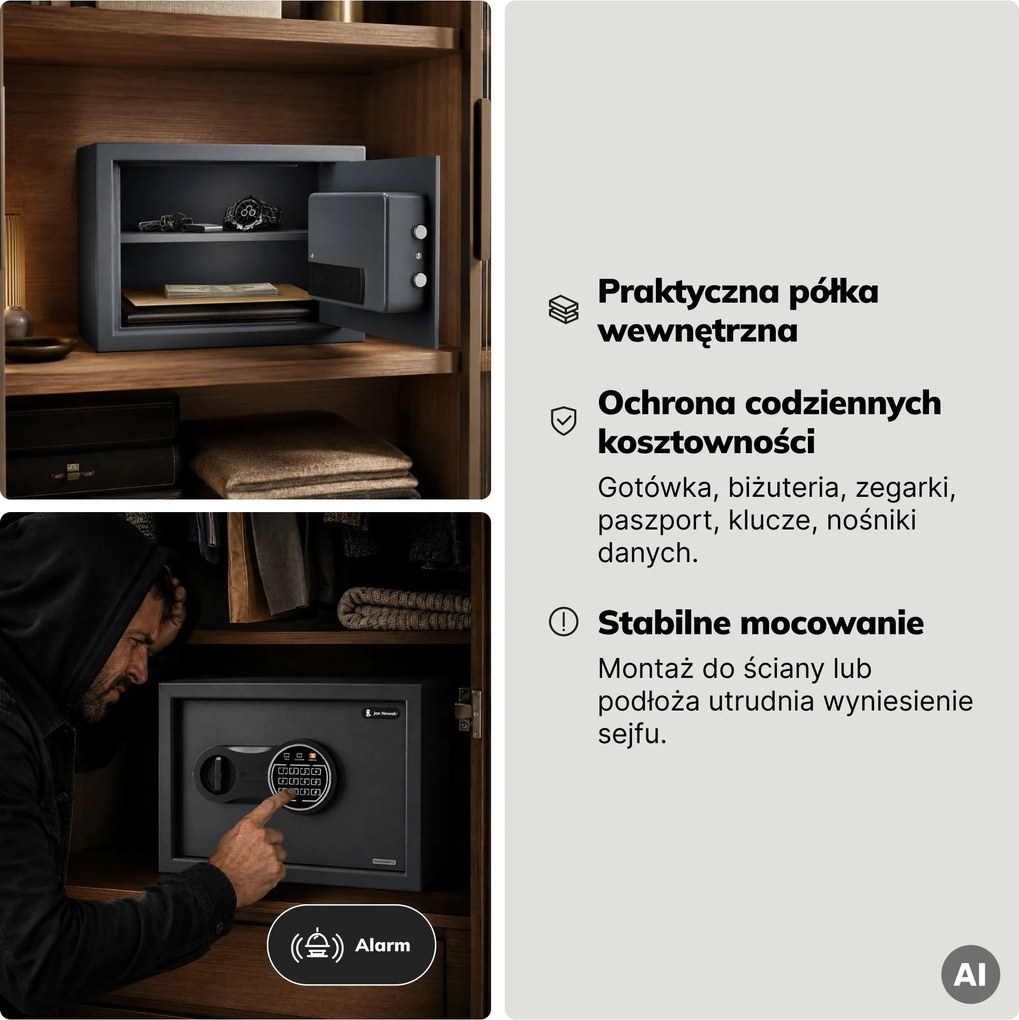 Mały sejf domowy, elektroniczny zamek na kod, na pieniądze i dokumenty, 350x250x250 mm: DORIAN