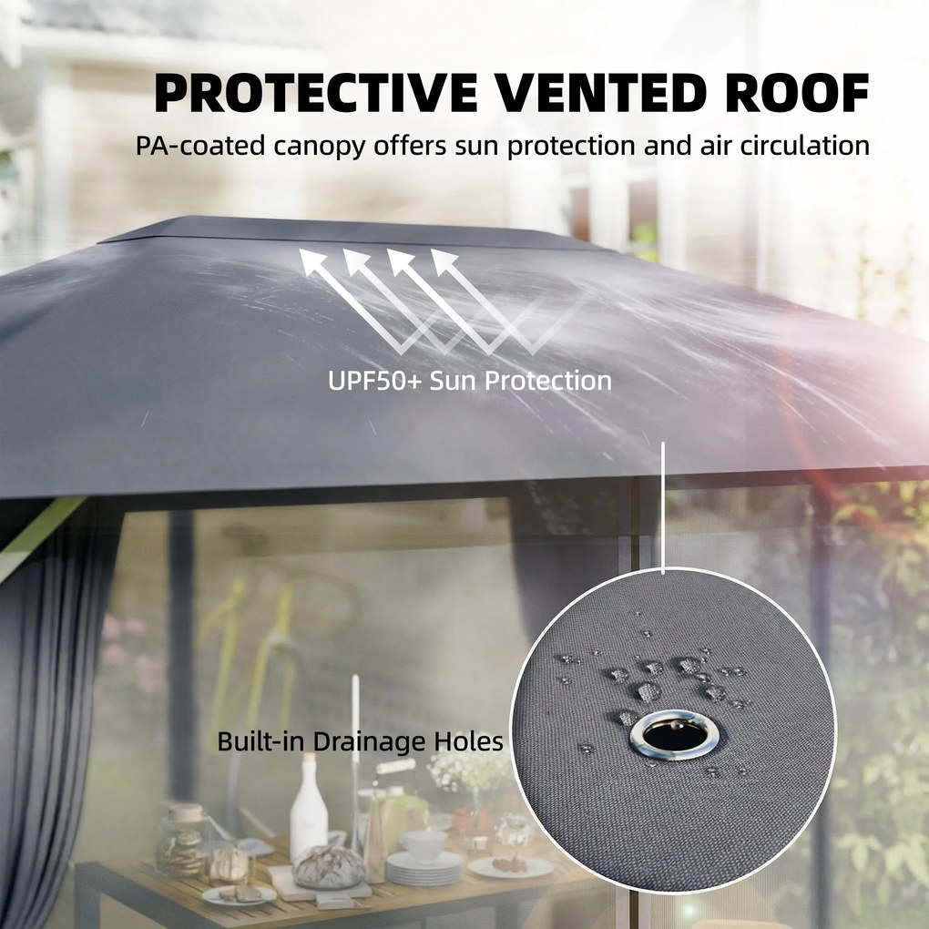 Outsunny Altana ok. 4x3m Wodoodporna Stabilna Zimowa Altana z Moskitierą, 4 ścianami, wentylacją i otworami odpływowymi | Aosom PL