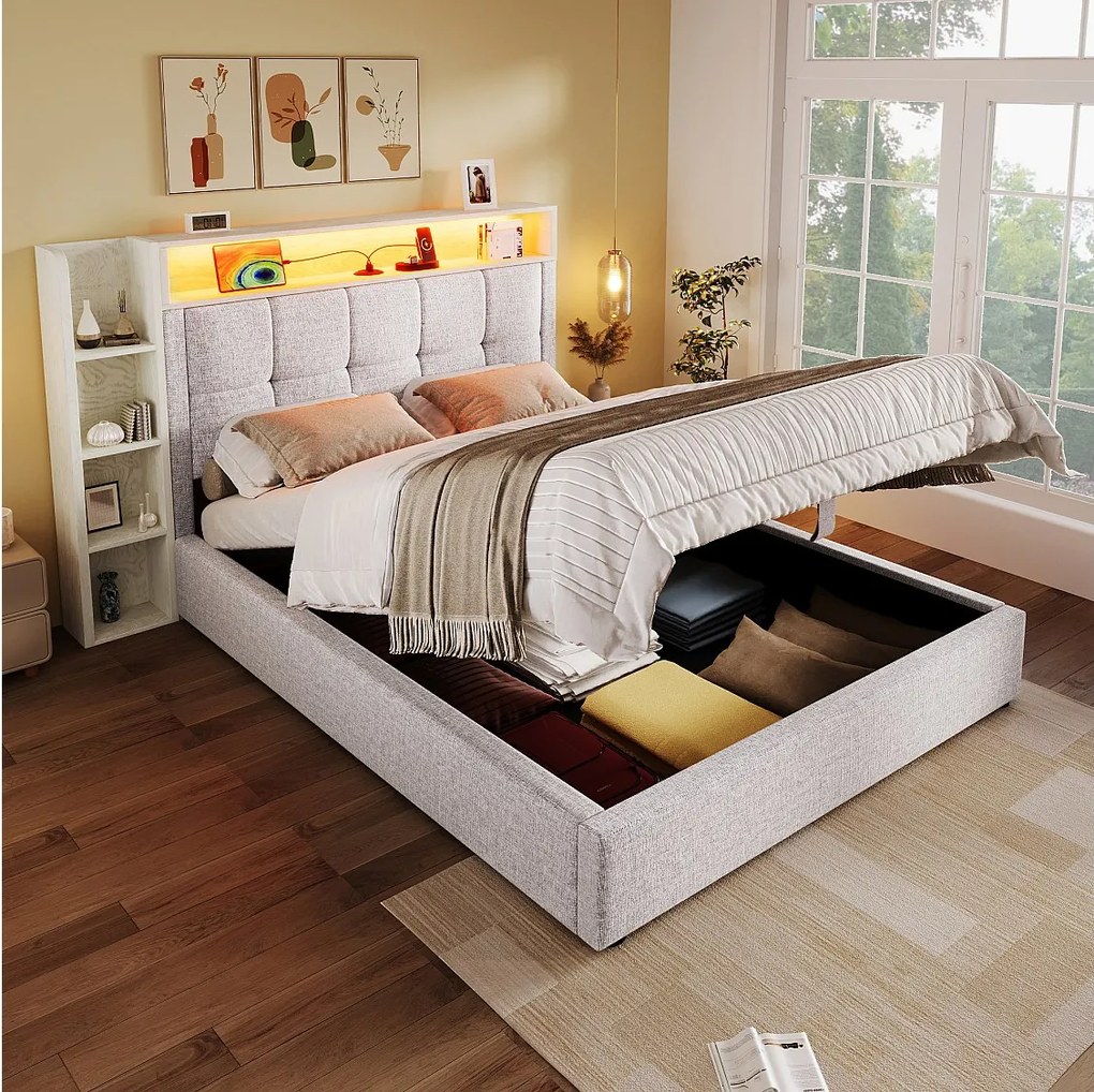 Łóżko z pojemnikiem 90x200 cm - z zagłówkiem, schowkiem i oświetleniem LED - beżowy len - materac nie jest wliczony w cenę