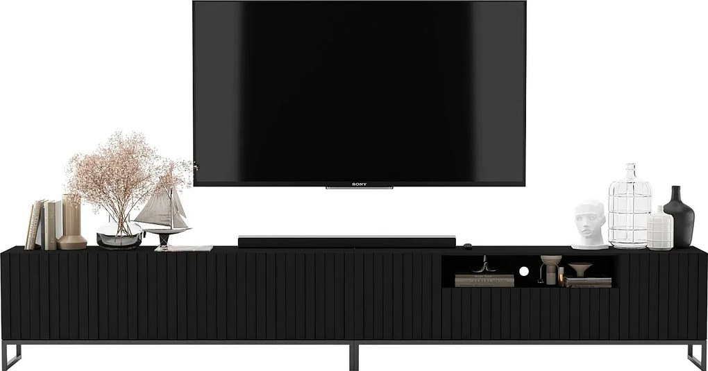 Szafka RTV z 7 drzwiami i wnęką – Korpus czarny mat, ryflowane fronty czarny mat – 300 cm, czarna metalowa rama