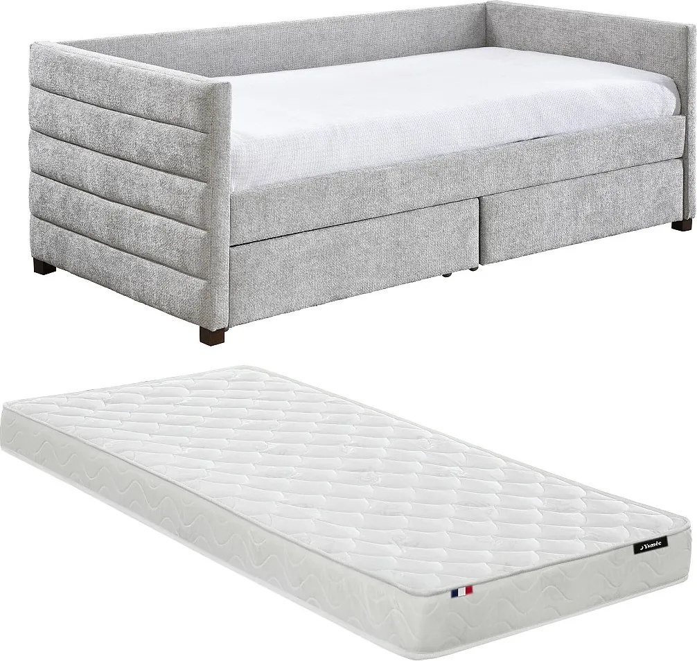 Łóżko typu tapczan 90 x 190 cm z szufladami – Tkanina teksturowana – Szary + Materac – ORENALO