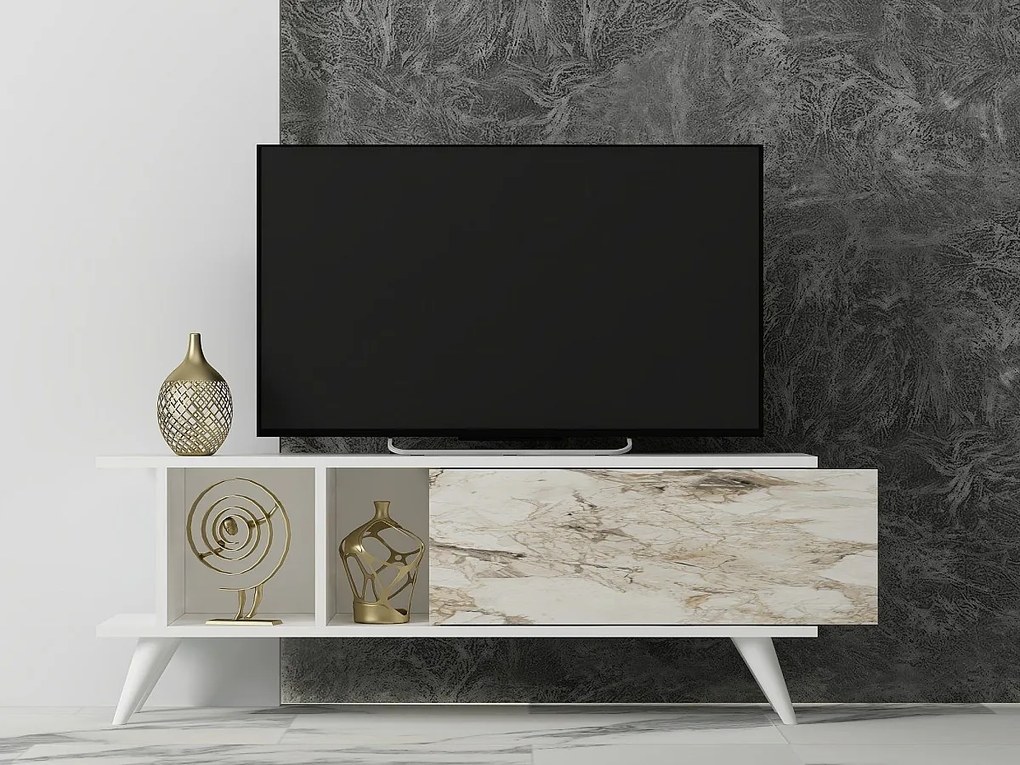Stojak pod TV – 120 cm x 30 cm x 45 cm – Biały i marmur – MDF