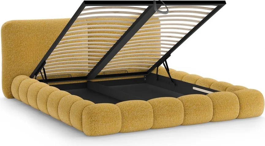 Musztardowe tapicerowane łóżko dwuosobowe ze schowkiem ze stelażem 200x200 cm Solange – Micadoni