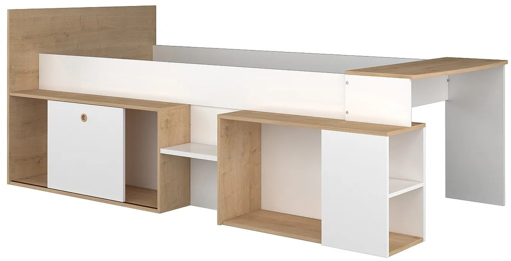 Łóżko piętrowe 90 x 200 cm z biurkiem i schowkami - Biały i naturalny + Stelaż - PALOMA
