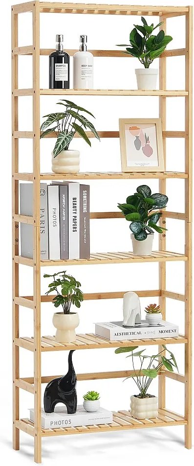 Biblioteczka Bambusowa 6-Poziomowa SucceBuy, Regał Drabinkowy, Prostokątna Półka Do Przechowywania