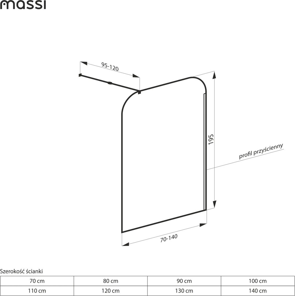 Ścianka prysznicowa Walk-in szkło satynowe matowe 8 mm MOLIS Satin Square MASSI | rożne rozmiary : Kolor profili kabiny - chrom / srebrny, Szerokość ścianki - 120 cm
