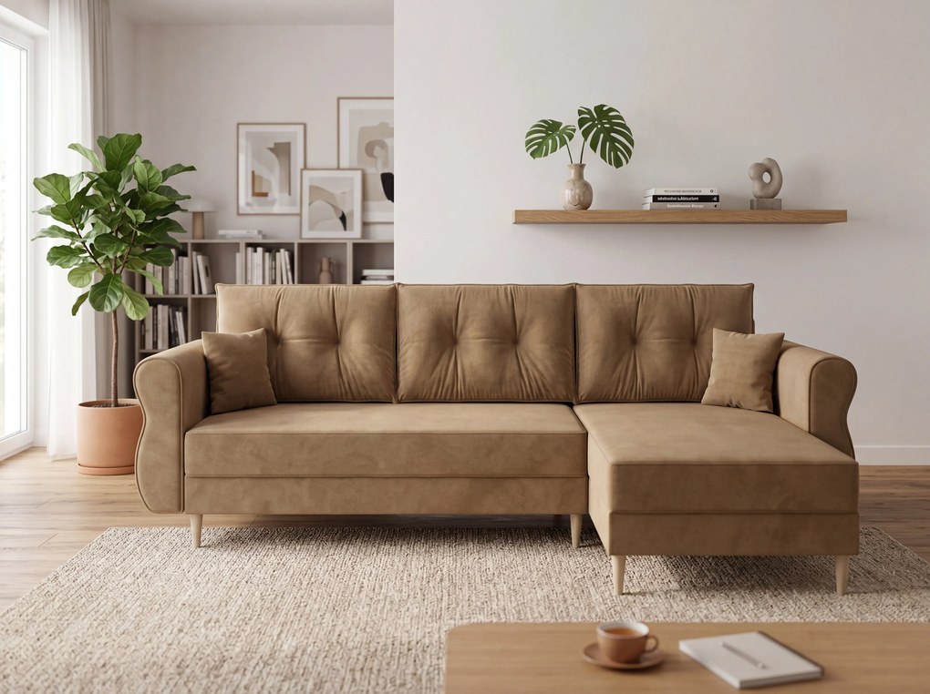 Rozkładana narożna sofa SILVIANO 230x140 cm, beżowa, uniwersalna