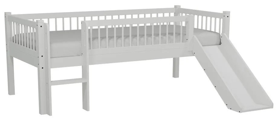 Białe podwyższone łóżko dziecięce z litego drewna dębowego ze zjeżdżalnią i stelażem 90x200 cm Forrest – Vipack