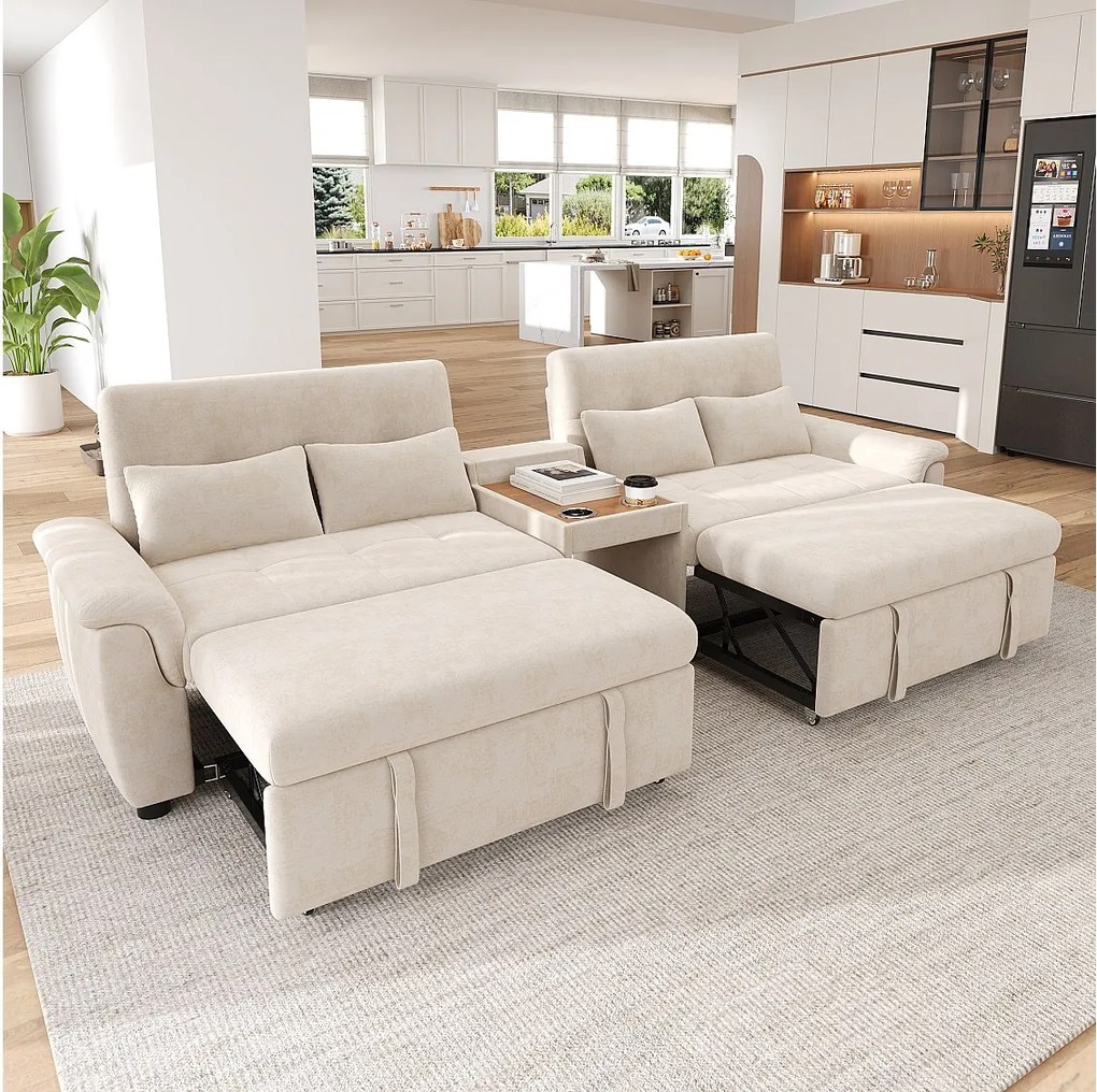 Sofa rozkładana z podwójnym łóżkiem, regulowanym oparciem i konsolą centralną - Chenille - 284 x 138 x 89 cm - Beżowa