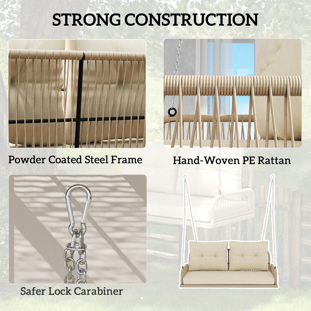 Outsunny Huśtawka Ogrodowa 2-osobowa z Rattanu z Poduszkami do 240 kg 115 x 66 x 44 cm Beżowa