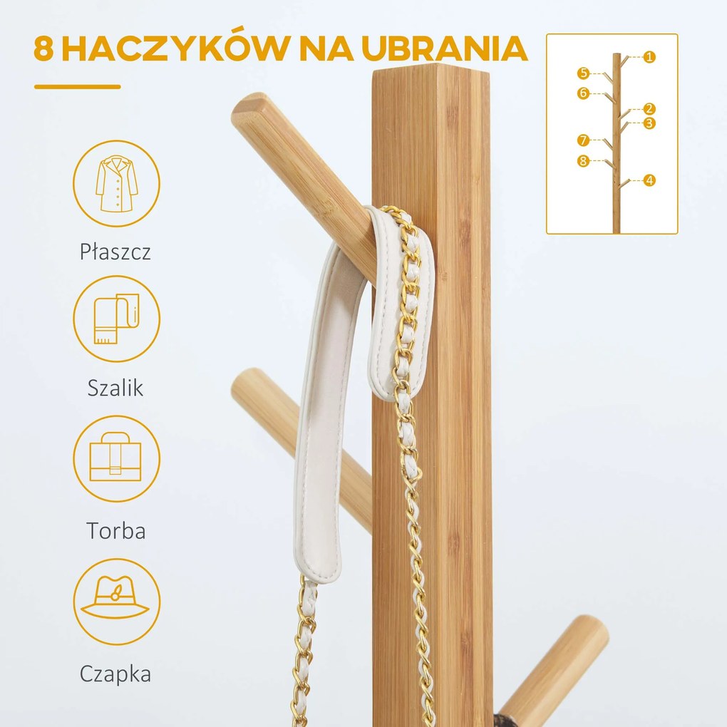HOMCOM Wieszak stojący 8 Haków Wodoodporność i trwałość Zajmuje mało miejsca Materiał bambusowy 49,5 x 49,5 x 178 cm Naturalny | Aosom PL