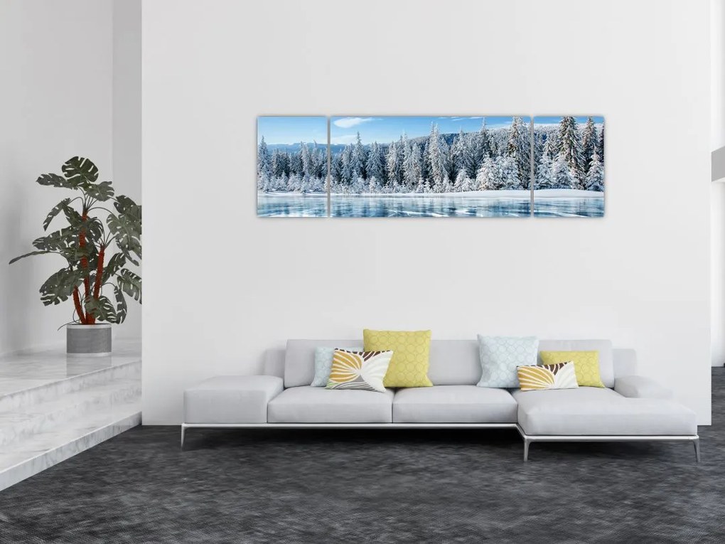 Obraz zamarzniętego jeziora i pokrytych śniegiem drzew (170x50 cm)