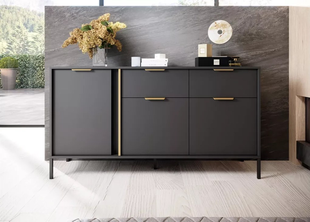Komoda ZANTE II – elegancka komoda 3-drzwiowa z 2 szufladami w kolorze antracytowym ze złotymi detalami