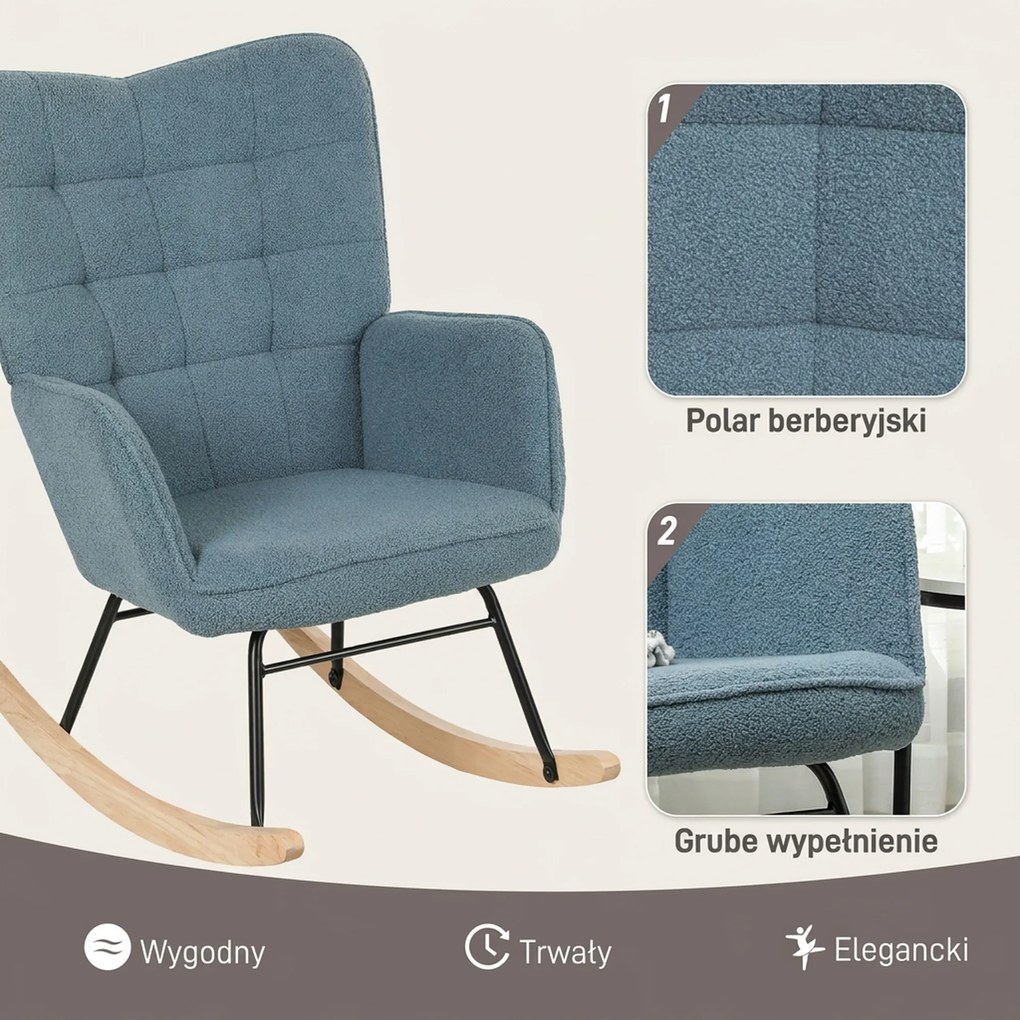 HOMCOM Fotel bujany ergonomiczny z drewnianymi płozami do 120 kg jasnoniebieski | Aosom PL