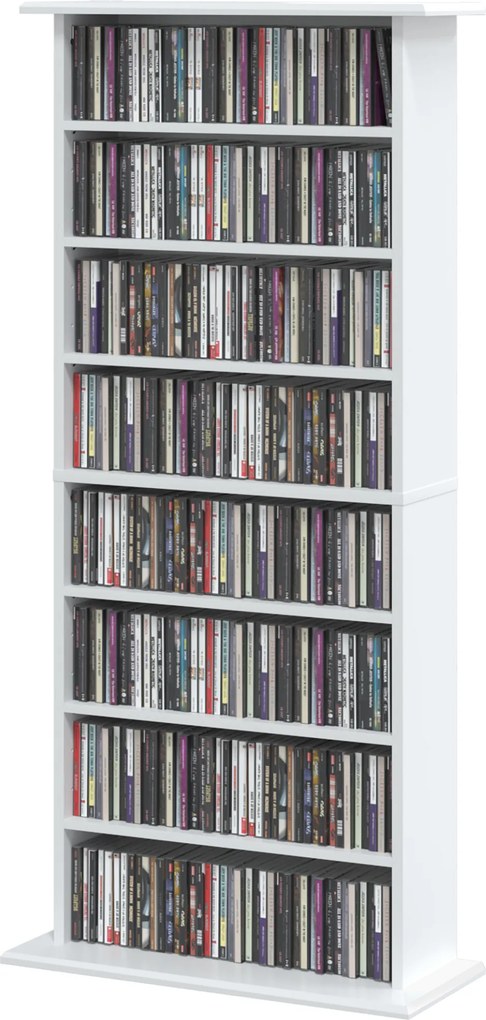 HOMCOM Wąska szafka multimedialna, 8 poziomów, 6 regulowanych półek, 8 przegródek, na 360 płyt CD, biały | Aosom PL