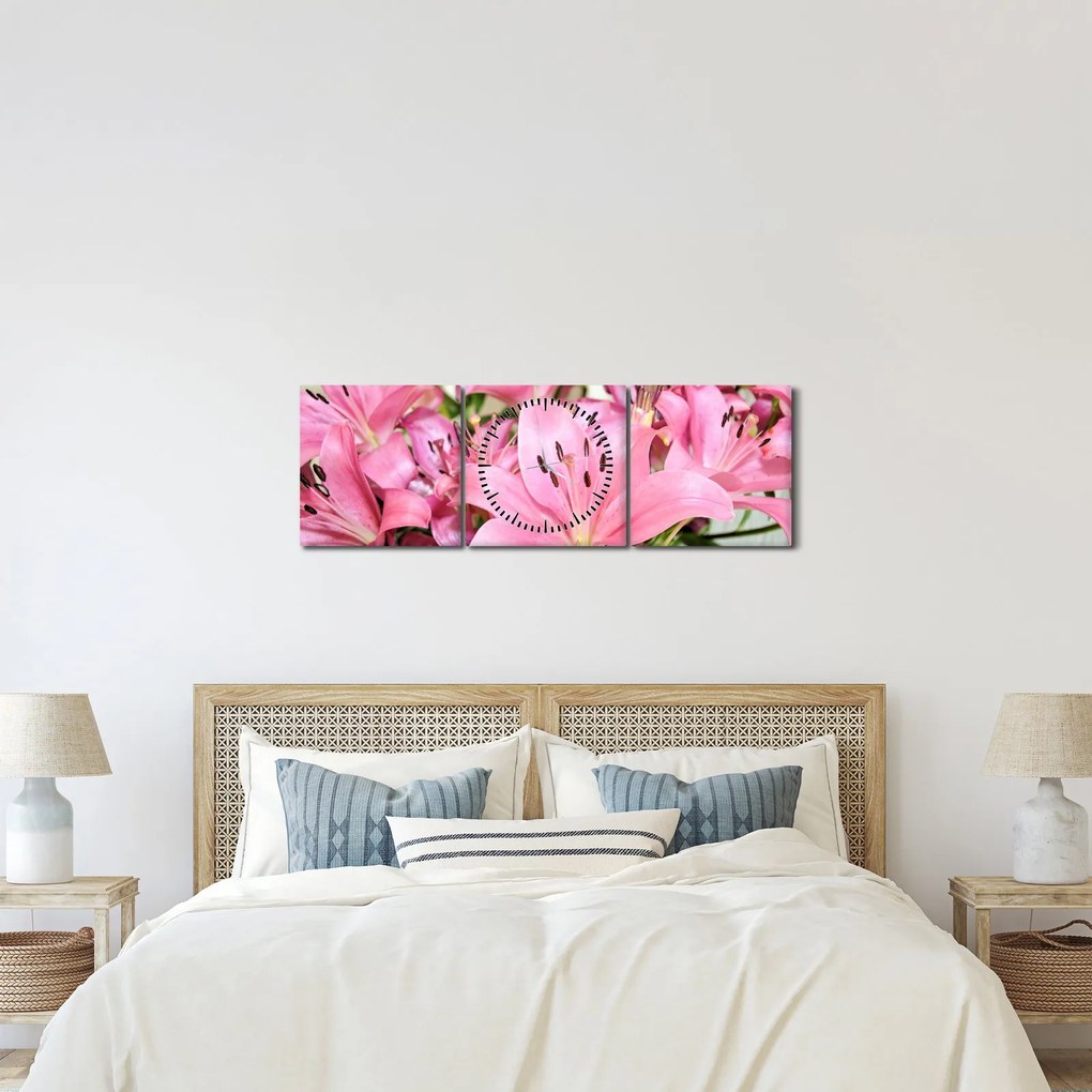 Obraz - Różowe lilie (z zegarem) (90x30 cm)