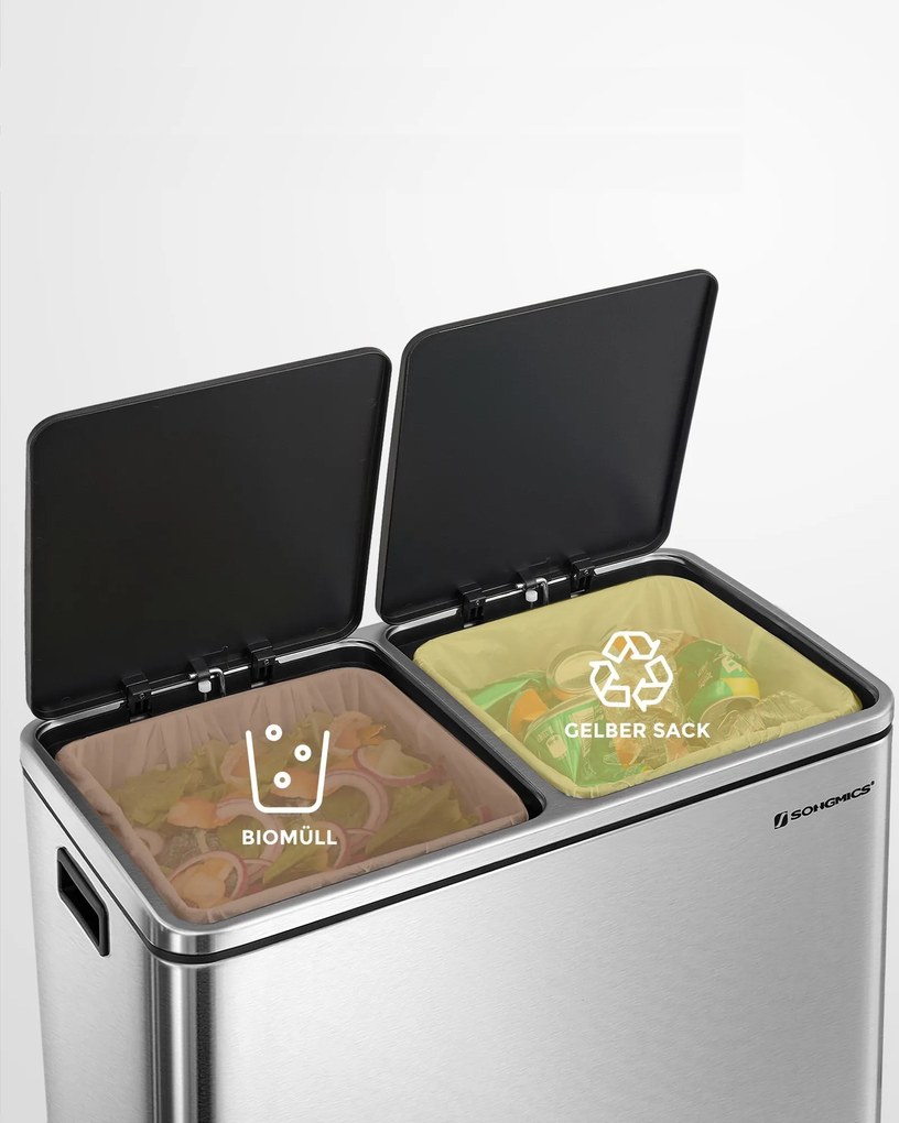 Kosz do segregacji odpadów SORT, 2x30 l + worki na śmieci, srebrno/czarny Vasagle