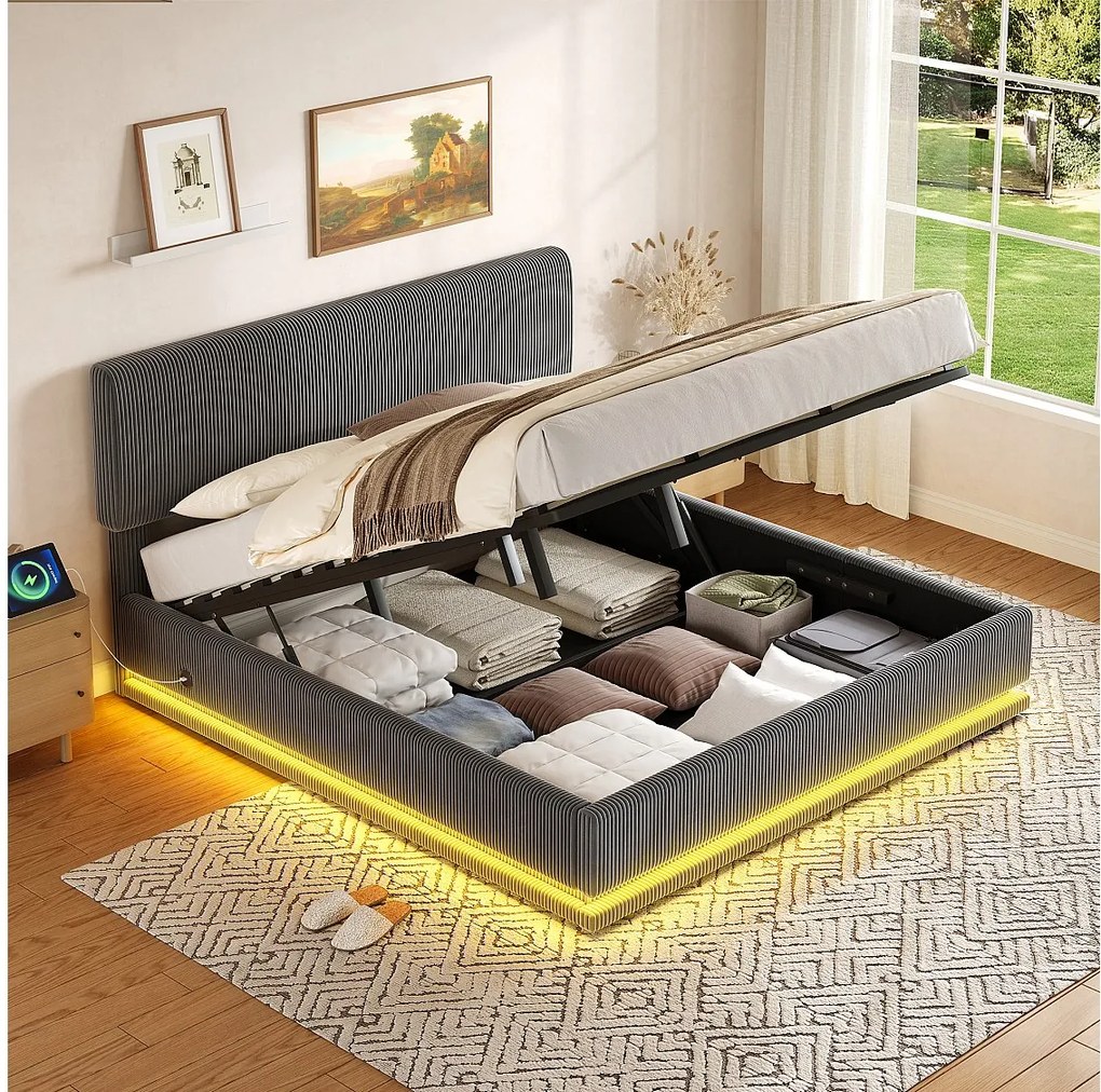 Łóżko tapicerowane hydrauliczne ze schowkiem - 180 x 200 cm - z diodami LED + USB + regulowany zagłówek - welur - szary
