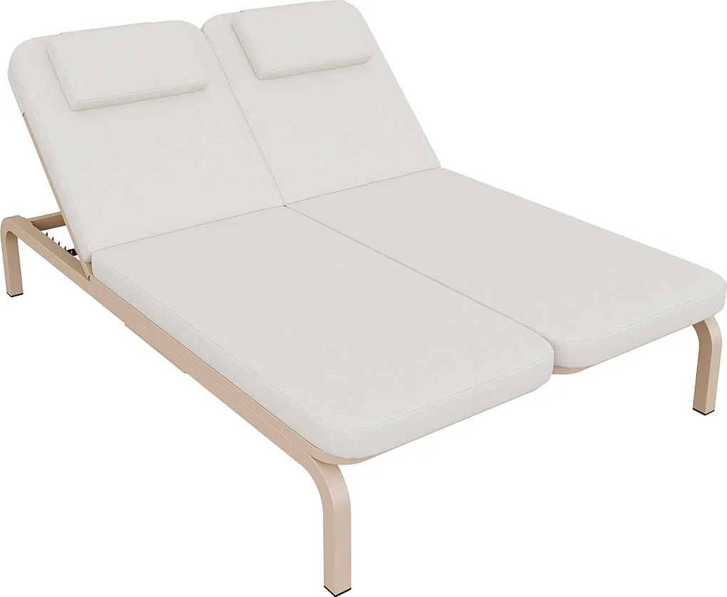 Leżak ogrodowy podwójny - regulowane oparcie (5 pozycji), z rozsuwanym stolikiem bocznym i zagłówkiem - Beżowy